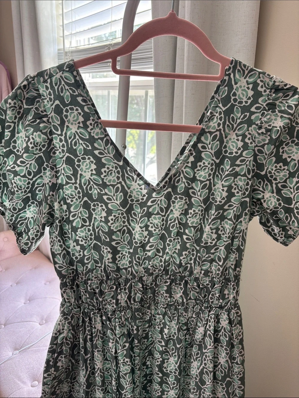 J. Crew Sage Green Floral V-Neck Short Sleeve Midi Dress